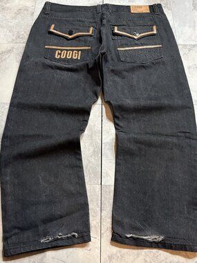 Coogi Baggy Jeans 40x34 Faded Black Tan Trim Flap